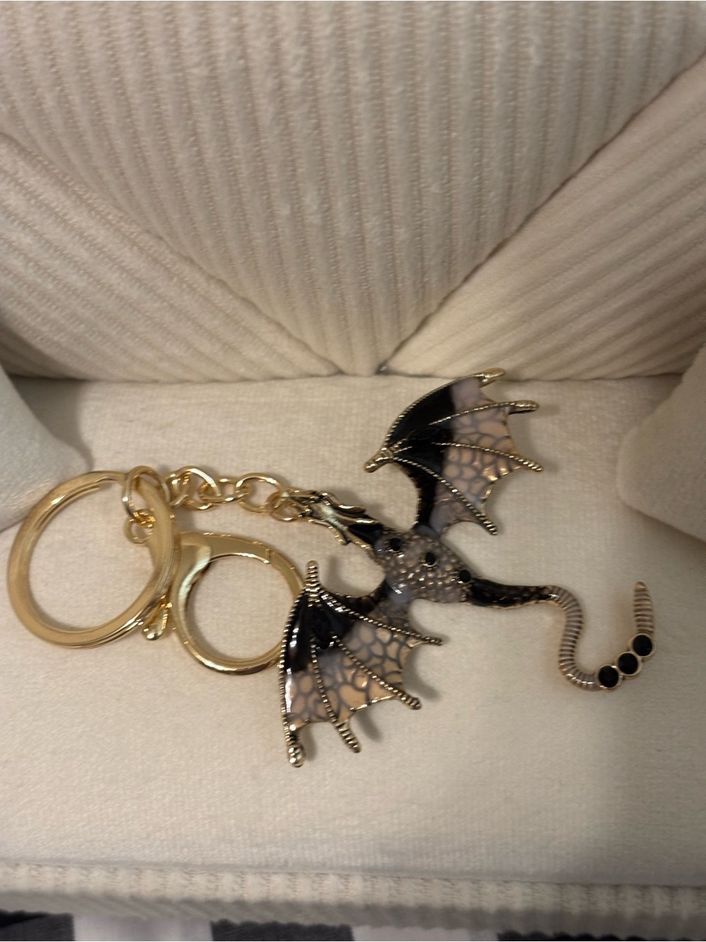 Gold Keyring with Black and Cream Dragon Charm